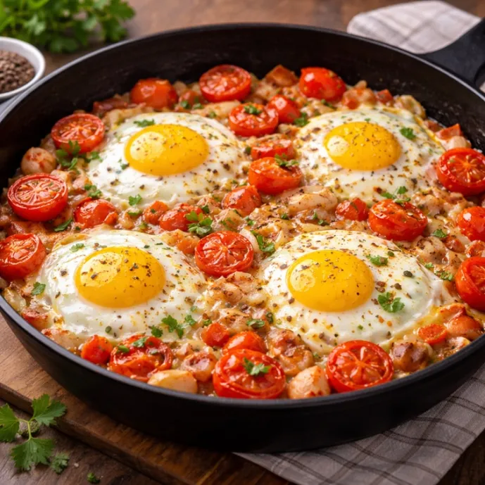 Яичница с помидорами и луком — быстрый завтрак на сковороде