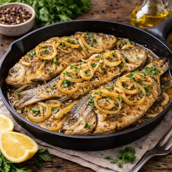 Рыба на сковороде с луком