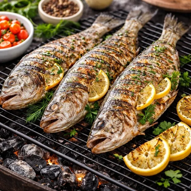 Морская рыба на мангале