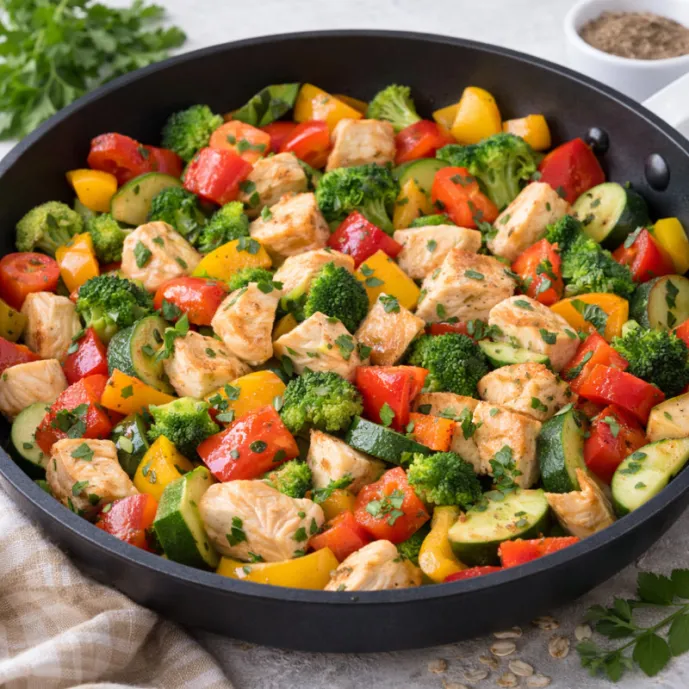 Куриная грудка с овощами на сковороде — быстрый ПП-ужин